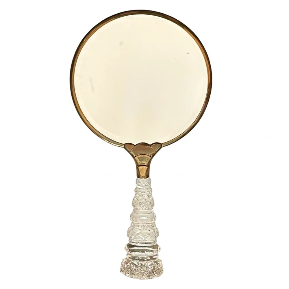 Vintage Gold Plated & Cut Clear Lucite Hand Mirror & Hair Brush (pair of 2) Rare